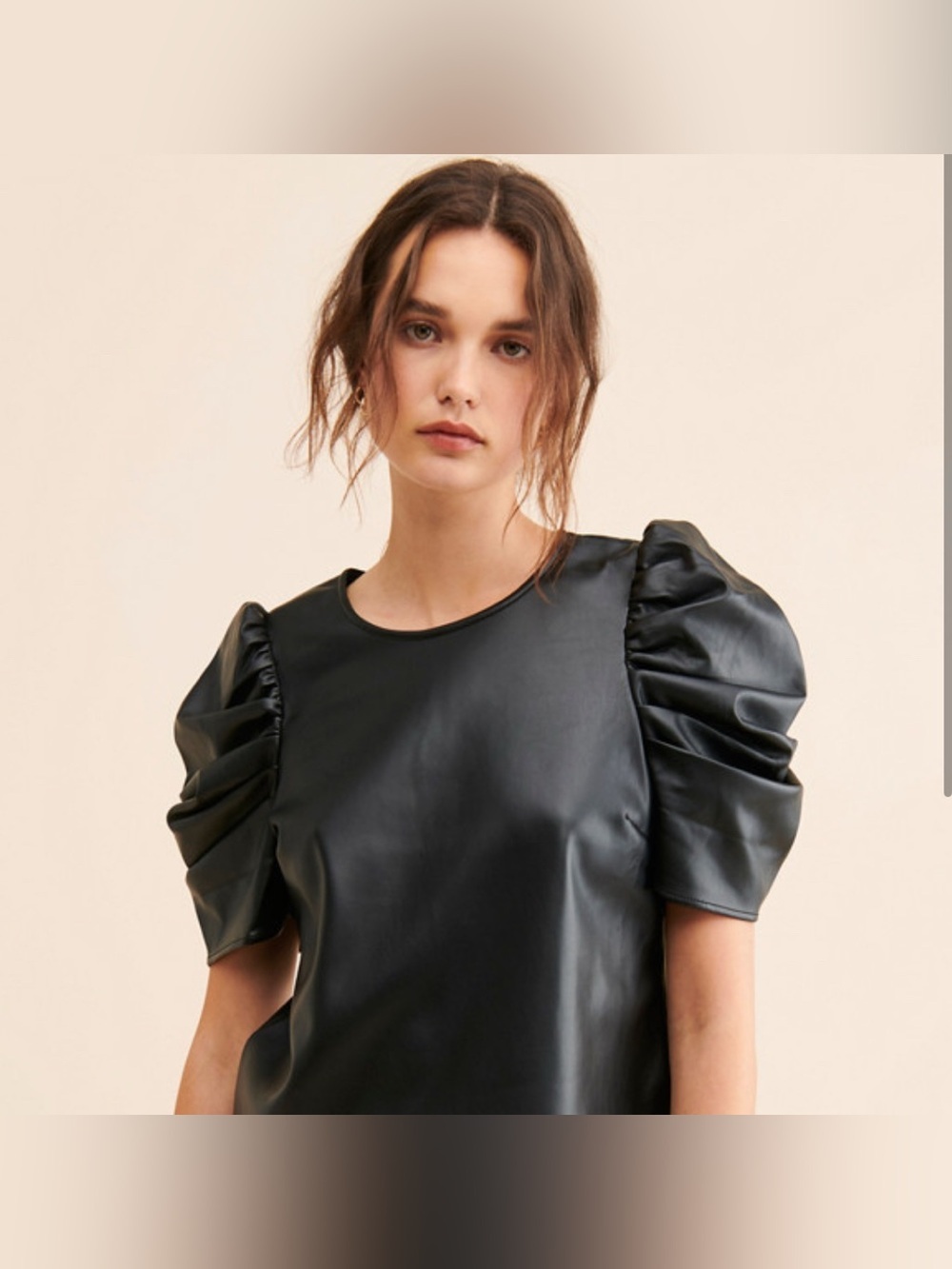 Black Puff-Sleeve Vegan Leather Top - Women